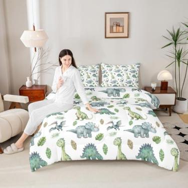 Imagem de Castle Fairy Conjunto de edredom de dinossauro fofo, tamanho Queen, desenho animado de animais selvagens, decoração de quarto de adultos, crianças, dinossauro, folhas verdes, microfibra ultramacia
