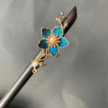 Imagem de Grampo de cabelo de ébano com fio de seda pérola fecho de cabelo tradicional chinês antigo elegante acessório de cabeça feminino