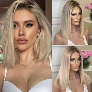 Imagem de Peruca de cabelo humano com raízes escuras pré-arrancadas, pré-cortadas, 13 x 4 UHD com destaque, ombré, peruca frontal de renda, cabelo humano para mulheres, festa diária de 25 cm 180%