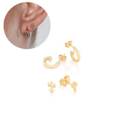 Imagem de Kit Brincos Rommanel Cacto E Argolinha 1 E 2 Furo