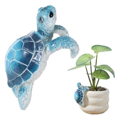 Imagem de Yolev Decorações de plantas de tartaruga marinha para vasos figura de tartaruga escalada azul gancho de resina bonito pendurado estátua de tartaruga marinha vasos decorações para quintal ornamentos de