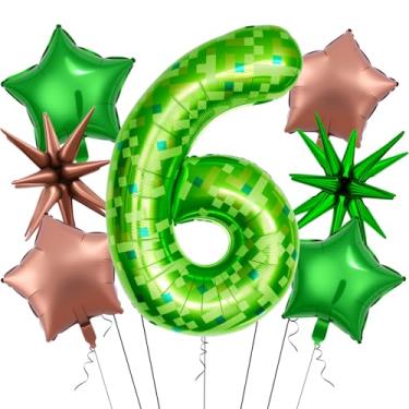 Imagem de 7Pcs 40 inch Green Pixel Pattern Number 6 Balloon Set with Exploding Star and Star Foil Balloons for Birthdays and Themed Parties