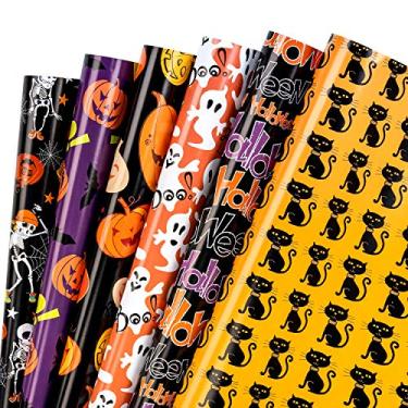 Imagem de WRAPAHOLIC Folha de papel de embrulho – design de abóbora e gato preto, perfeito para Halloween, férias, festa – 1 rolo contém 6 folhas – 44,5 x 76,2 cm por folha