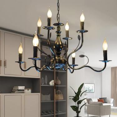 Imagem de Lustre preto E14 sala de estar luminária de teto de metal 12 luzes dupla camada ferro pingente luz clássico moderno retro industrial iluminação de teto restaurante cozinha ilha quarto corred