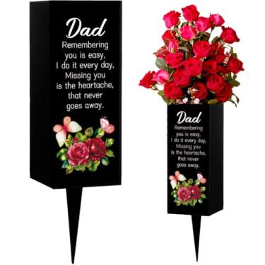 Imagem de WEBEEDY Vasos de cemitério memorial do pai para túmulo do pai, porta-flores, borboleta, rosa, túmulos, decorações para cemitério, vaso memorial de metal, presente de simpatia para pai, jardim