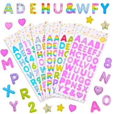 Imagem de XLIUAX 6 folhas de adesivos de letras fofas, adesivos de números inchados 3D, adesivo de letras cursivas com glitter, 240 peças, adesivo colorido, número do alfabeto, letras adesivas para artesanato