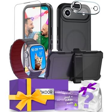 Imagem de AOKOOR Kit inteligente compatível com iPhone e pulseira Apple Watch (clipe robusto compatível com MagSafe, capa preta + pulseira preta/vinho, para iPhone17)