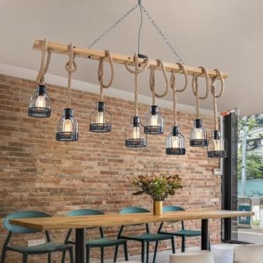 Imagem de Lustre de madeira estilo industrial vintage para mesa de jantar, ilha de cozinha, restaurante e bar, luminária de teto retrô artesanal com 8 lâmpadas