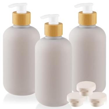 Imagem de Dispensador de sabonete de banho de plástico de 500 ml com bomba de bambu e tampa de plástico para banheiro, cozinha, sabonete líquido para as mãos, saboneteira, gel - cinza