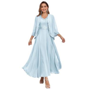 Imagem de Vestido Mãe da Noiva CDSSL, azul claro, chiffon, tamanho 16