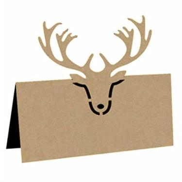 Imagem de Natal veado animal mesa nome lugares cartões corte laser nome renda configuração cartão assento festa casamento favor decoração de mesa 50 peças (cor: ouro bege tamanho: 9 x 9 cm)