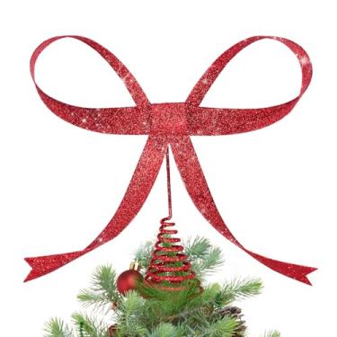Imagem de HUTHDAK Topo de árvore de Natal grande com laço vermelho com glitter, topo de árvore de metal de 24 cm, decorações de Natal com laço vermelho para Natal, decoração de casa, festas de fim de ano