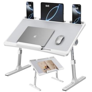 Imagem de NIFBANG Mesa de laptop para cama, mesa de colo de altura ajustável, bandeja de pé dobrável portátil com suporte de livros, banco traseiro de carro, bandeja de café da manhã, suporte de computador para
