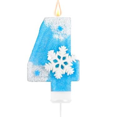 Imagem de Decorações de festa de aniversário Frozen, vela de aniversário número 4, lembrancinhas de festa de aniversário congeladas, vela de feliz aniversário para bolo, enfeite de bolo de floco de neve azul