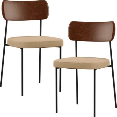 Imagem de Kit 02 Cadeiras Estofadas Para Sala De Jantar Melina L02 Couríssimo Marrom Linho Bege Escuro - Lyam Decor