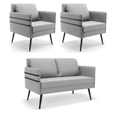 Imagem de Kit 01 Namoradeira 02 Lugares e 02 Poltronas Mari Suede Cinza Pés Palito de Ferro - D'Rossi
