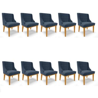 Imagem de Kit 10 Cadeiras de Jantar Liz Suede Azul Marinho Base Fixa Madeira Castanho - D'Rossi