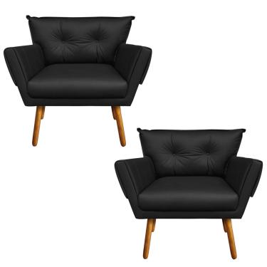 Imagem de Kit 02 Poltronas Anitta Corino Preto Pés Palito Castanho D03 - D'Rossi