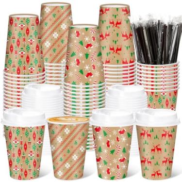 Imagem de Layhit 100 peças de copos de café de Natal de 350 ml, copos de papel de Natal descartáveis com tampas e canudos para Natal, inverno, férias, suprimentos de festa de cacau quente (estilo clássico)