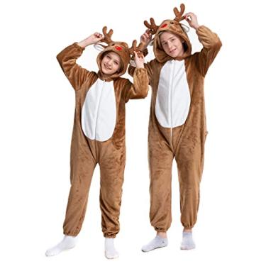 Imagem de HSCTEK Macacão infantil de flanela de Natal com capuz para meninos e meninas, Rena, G