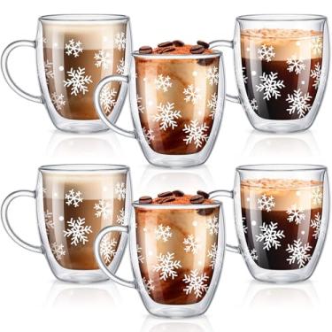 Imagem de Sliner Pacote com 6 canecas de café de vidro de parede dupla de floco de neve de Natal com alça 340 g copos isolados transparentes canecas de férias de inverno para cappuccino latte saquinho de chá