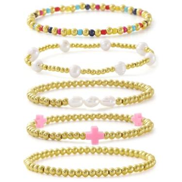 Imagem de Z ZACHÉ Pulseiras de prata douradas para mulheres, pulseiras empilháveis com contas banhadas a ouro 14 K, joias elásticas ajustáveis, Medium, Latão, Sem Pedra Preciosa