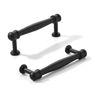 Imagem de khtumeware Pacote com 2 puxadores de armário preto fosco central de 3 polegadas (76 mm), alça sólida para armário de cozinha resistente, ferragens de armário para penteadeira, puxador de banheiro