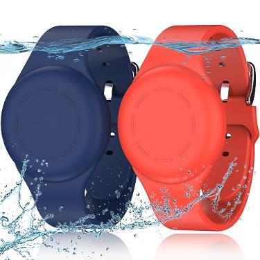 Imagem de Pulseiras de AirTag à prova d'água [2 unidades] compatíveis com Apple Air Tag Finders com silicone macio, capa para localizadores de itens GPS antiperda, azul noturno/vermelho