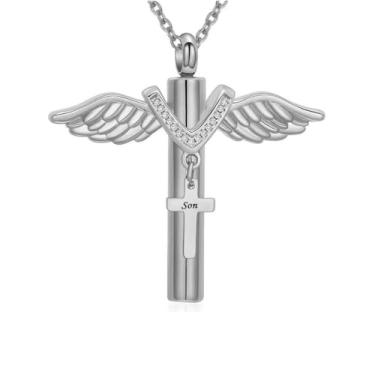 Imagem de Colar de urna de cruz para cinzas humanas asas de anjo colar pingente de cremação joia memorial lembrança para papai, mãe, pai, avó, avô, irmão, tio, Cristal, Sem Pedra Preciosa