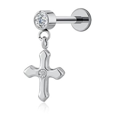Imagem de FLORA PIERCING MINIBARBELL AÇO CIRÚRGICO PVD COM PINGENTE CRUZ PIERCING ORELHA TRAGUS HELIX CONCH MODA FEMININA 1.2X8 (PRATA)