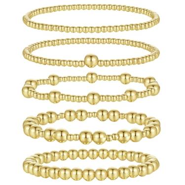 Imagem de XIANNVXI Pulseira feminina com contas banhadas a ouro 14K 14 K com contas elásticas empilháveis e elásticas, conjunto moderno, joias delicadas, Medium, Sem Pedra Preciosa