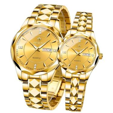 Imagem de dayutech 2 peças de relógios para casais para namorados masculino e feminino, calendário luminoso, impermeável, dourado, prata, aço inoxidável, rosto azul, conjunto para ele e para ela, conjunto para