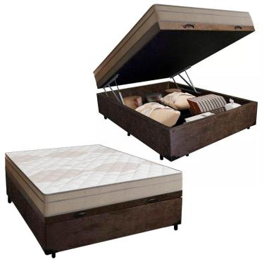Imagem de Cama Box Baú Casal Suede + Colchão De Molas Ensacadas Portobel Ipanema -  138x188x66cm Marrom