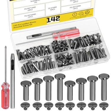 Imagem de Mardatt 70 conjuntos de arma preta M5 x 15/18/20/25 mm kit de parafusos Chicago, rebites de couro, rebites, parafusos de encadernação Chicago com ferramentas de configuração para cinto de artesanato