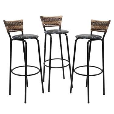 Imagem de Kit 3 Banquetas Altas 80cm Estrutura Preta Encosto Junco Cappuccino Ideal P/Bancada Cozinha Americana Bares Balcão Itagold (Assento Floral Preto)