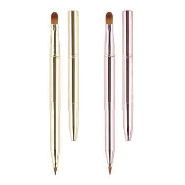 Imagem de Pincel labial Yoizyfree retráteis, pincéis labiais retráteis, conjunto de pincéis de maquiagem TraveLip com ponta dupla para batom, brilho labial inclui tampa (dourado + rosa)