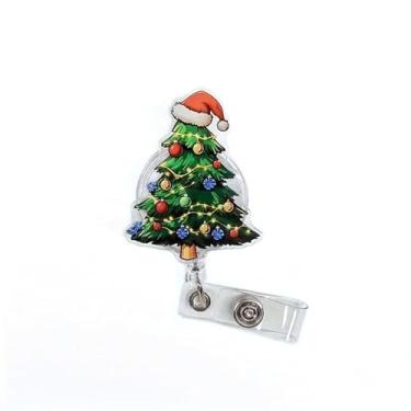 Imagem de Carretel de crachá de árvore de Natal retrátil, bonito chapéu de Papai Noel, design de lâmpadas coloridas, suporte de crachá para inverno, Natal, cordas de luz, clipe de jacaré para enfermeiras