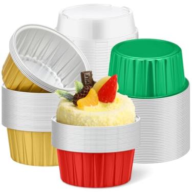 Imagem de Vesici 120 peças de copos de folha de alumínio de Natal com tampas, 142 g copos descartáveis de ramequins para assar, forros de muffin, mini formas de torta, recipientes de cupcake para decorações de