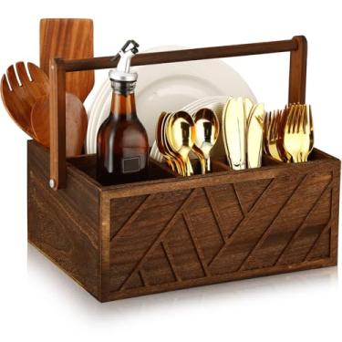 Imagem de LemonRoad Organizador de utensílios de madeira de 33 cm com alça, suporte de talheres de madeira, talheres de madeira, organizador de talheres de madeira para copos, colheres, garfos, pratos, material