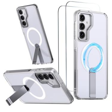 Imagem de Capa para Samsung Galaxy A17 e A16 Capinha - Compatível com MagSafe, com protetor de ecrã temperado de 2 peças, estojo ultrafino resistente a choques e quedas com suporte ajustável - Transparente