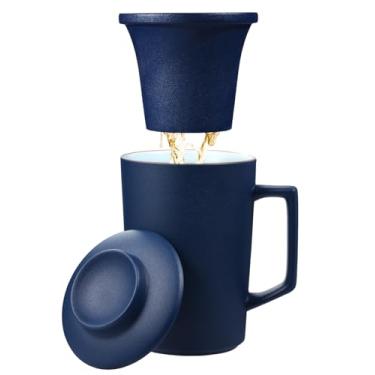 Imagem de Copo infusor de chá de porcelana de 425 g com tampa, caneca de chá de cerâmica com coadores de porcelana para chás de folhas soltas, caneca de café segura para micro-ondas e lava-louças, sem metal