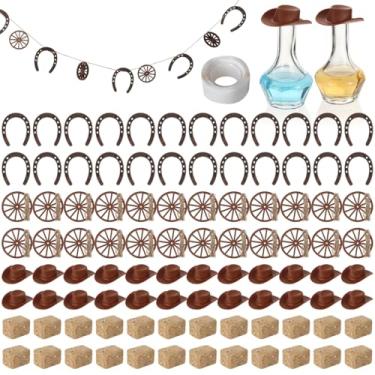 Imagem de Decoração de festa com tema de caubói, 120 peças, pingentes de ferradura, ornamentos de roda de vagão, vintage, mini chapéus de caubói, fardos de feno, adesivos, jutas penduradas