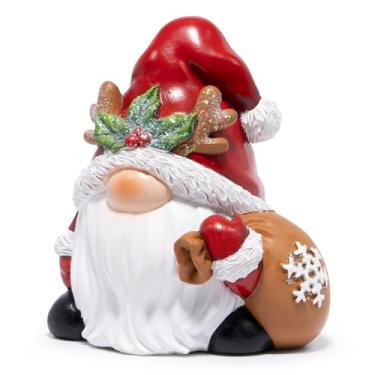 Imagem de Hodao Estatueta de gnomo de chifre de azevinho – Decorações de Natal internas de resina para casa, chapéu vermelho com folhas de glitter e saco de presente, enfeite de mesa de 10 cm, pintado à mão