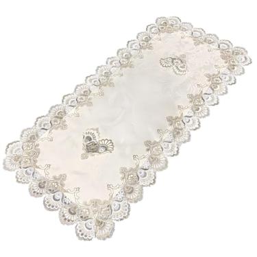 Imagem de Toalha de mesa de café à prova de poeira, capa retangular de 60 x 129 cm, estilo europeu, sala de estar, renda oca e design de bordado de coração