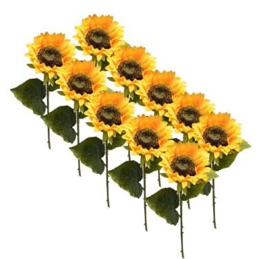 Imagem de LUMINFLY Simulação de girassóis 10 peças, decoração de casa, hastes artificiais realistas, girassol, flores de seda amarelo brilhante, arranjo fácil dobrável, decoração ideal para cozinha