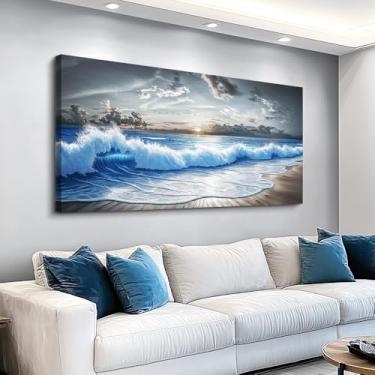 Imagem de PHAOHUAXM Decoração de parede para sala de estar, arte de parede para quarto, escritório, restaurante, decoração, preto, branco e azul, onda do oceano, pintura em tela, imagens impressas, obras de