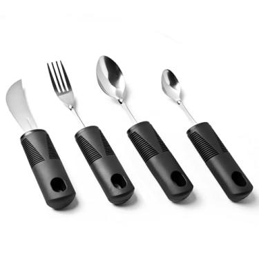 Imagem de Conjunto de utensílios de cabo curvo para tremores, artrite, aderência fraca – Ferramentas macias antiderrapantes de 4 peças para assistência alimentar de idosos