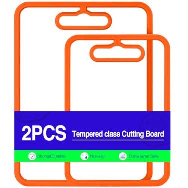 Imagem de Tábua de corte, tábuas de corte de vidro para cozinha, conjunto de 2, tábua de cortar transparente para bancada, preparação de refeições, servir, com bordas antiderrapantes rosa e alça para pendurar