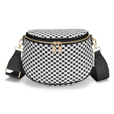 Imagem de FODOKO Bolsa tiracolo de tecido para mulheres de couro vegano, bolsa quadriculada com cinto, bolsas de ombro, Tecido xadrez preto e branco, Couro vegano tecido