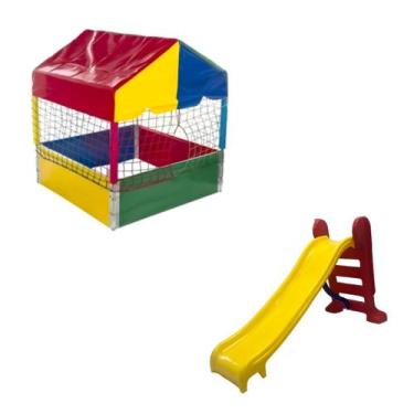 Imagem de Kit Brinquedos Playground Piscina de Bolinhas Quadrada 1,00m + Escorre
